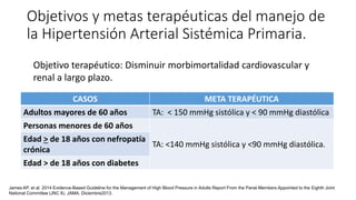 Objetivos y metas terapéuticas del manejo de
la Hipertensión Arterial Sistémica Primaria.
CASOS META TERAPÉUTICA
Adultos mayores de 60 años TA: < 150 mmHg sistólica y < 90 mmHg diastólica
Personas menores de 60 años
TA: <140 mmHg sistólica y <90 mmHg diastólica.
Edad > de 18 años con nefropatía
crónica
Edad > de 18 años con diabetes
James AP, et al. 2014 Evidence-Based Guideline for the Management of High Blood Pressure in Adults Report From the Panel Members Appointed to the Eighth Joint
National Committee (JNC 8). JAMA. Diciembre2013.
Objetivo terapéutico: Disminuir morbimortalidad cardiovascular y
renal a largo plazo.
 