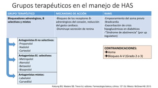Grupos terapéuticos en el manejo de HAS
GRUPO TERAPÉUTICO MECANISMO DE ACCIÓN RAMS
Bloqueadores adrenérgicos, B
selectivos y mixtos
-Bloqueo de los receptores B-
adrenérgicos del corazón, reducción
del gasto cardiaco.
-Disminuye secreción de renina
-Empeoramiento del asma previo
-Bradicardia
-Exacerbación de crisis
hipoglucémicas en diabéticos
-”Síndrome de abstinencia” (por up
regulation)
Antagonistas B no selectivos:
-Propanolol
-Nadolol
-Carteolol
Antagonistas B1 selectivos:
-Metropolol
-Atenolol
-Betaxolol
-Bisoprolol
Antagonistas mixtos:
-Labetalol
-Carvedilol
Katzung BG, Masters SB, Trevor AJ, editores. Farmacologia básica y clínica. 12ª. Ed. México: McGraw-Hill; 2013.
CONTRAINDICACIONES:
Asma
Bloqueo A-V (Grado 2 o 3)
 