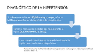 DIAGNÓSTICO DE LA HIPERTENSIÓN
Si la PA en consulta es 140/90 mmHg o mayor, ofrecer
MAPA para confirmar el diagnóstico de hipertensión.
Tomar al menos dos medidas por hora durante la
vigilia (p,e, entre 08:00 y 22:00).
Usar la media de al menos 14 medidas durante la
vigilia para confirmar el diagnóstico.
National Institute for Health and Care Excellence. Hypertension in adults: diagnosis and management. Clinical
Guideline 2011. 1-25.
 
