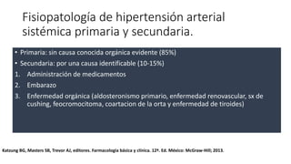 Fisiopatología de hipertensión arterial
sistémica primaria y secundaria.
• Primaria: sin causa conocida orgánica evidente (85%)
• Secundaria: por una causa identificable (10-15%)
1. Administración de medicamentos
2. Embarazo
3. Enfermedad orgánica (aldosteronismo primario, enfermedad renovascular, sx de
cushing, feocromocitoma, coartacion de la orta y enfermedad de tiroides)
Katzung BG, Masters SB, Trevor AJ, editores. Farmacologia básica y clínica. 12ª. Ed. México: McGraw-Hill; 2013.
 