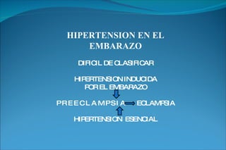 HIPERTENSION EN EL EMBARAZO DIFICIL DE CLASIFICAR HIPERTENSION INDUCIDA POR EL EMBARAZO P R E E C L A M P S I A  ECLAMPSIA HIPERTENSION  ESENCIAL 
