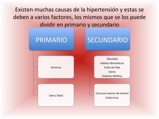 Existen muchas causas de la hipertensión y estas se deben a varios factores, los mismos que se los puede dividir en primario y secundario 