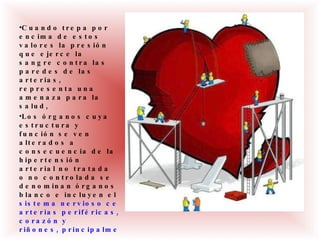 Cuando trepa por encima de estos valores la presión que ejerce la sangre contra las paredes de las arterias, representa una amenaza para la salud, Los órganos cuya estructura y función se ven alterados a consecuencia de la hipertensión arterial no tratada o no controlada se denominan órganos blanco e incluyen el  sistema nervioso central,  arterias periféricas,  corazón y  riñones, principalmente 