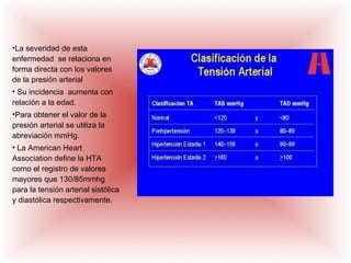 La severidad de esta enfermedad  se relaciona en forma directa con los valores de la presión arterial Su incidencia  aumenta con relación a la edad.   Para obtener el valor de la presión arterial se utiliza la abreviación mmHg. La American Heart Association define la HTA como el registro de valores mayores que 130/85mmhg para la tensión arterial sistólica y diastólica respectivamente. 