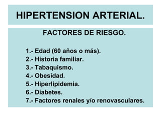 HIPERTENSION ARTERIAL.
FACTORES DE RIESGO.
1.- Edad (60 años o más).
2.- Historia familiar.
3.- Tabaquismo.
4.- Obesidad.
5.- Hiperlipidemia.
6.- Diabetes.
7.- Factores renales y/o renovasculares.
 