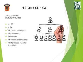 HISTORIA CLÍNICA
ANTECEDENTES
HEREDOFAMILIARES
 HAS
 DM
 Hiperuricemia/gota
 Dislipidemia
 Obesidad
 Nefropatías familiares
 Enfermedad vascular
prematura
 