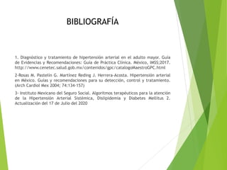 BIBLIOGRAFÍA
1. Diagnóstico y tratamiento de hipertensión arterial en el adulto mayor. Guía
de Evidencias y Recomendaciones: Guía de Práctica Clínica. México, IMSS;2017.
http://www.cenetec.salud.gob.mx/contenidos/gpc/catalogoMaestroGPC.html
2-Rosas M. Pastelín G. Martínez Reding J. Herrera-Acosta. Hipertensión arterial
en México. Guías y recomendaciones para su detección, control y tratamiento.
(Arch Cardiol Mex 2004; 74:134-157)
3- Instituto Mexicano del Seguro Social. Algoritmos terapéuticos para la atención
de la Hipertensión Arterial Sistémica, Dislipidemia y Diabetes Mellitus 2.
Actualización del 17 de Julio del 2020
 