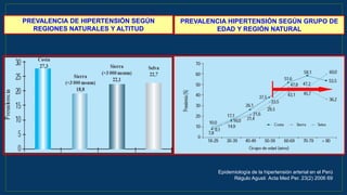 PREVALENCIA HIPERTENSIÓN SEGÚN GRUPO DE
EDAD Y REGIÓN NATURAL
PREVALENCIA DE HIPERTENSIÓN SEGÚN
REGIONES NATURALES Y ALTITUD
Epidemiología de la hipertensión arterial en el Perú
Régulo Agusti Acta Med Per. 23(2) 2006 69
 