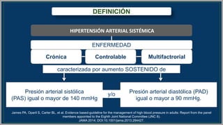 DEFINICIÓN
HIPERTENSIÓN ARTERIAL SISTÉMICA
Presión arterial sistólica
(PAS) igual o mayor de 140 mmHg
Presión arterial diastólica (PAD)
igual o mayor a 90 mmHg.
caracterizada por aumento SOSTENIDO de
Crónica MultifactrorialControlable
ENFERMEDAD
y/o
James PA, Oparil S, Carter BL, et al. Evidence based-guideline for the management of high blood pressure in adults: Report from the panel
members appointed to the Eighth Joint National Committee (JNC 8).
JAMA 2014; DOI:10.1001/jama.2013.284427.
 
