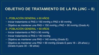 1.- POBLACIÓN GENERAL ≥ 60 AÑOS
• Iniciar tratamiento si PAS ≥ 150 mmHg o PAD ≥ 90 mmHg
• Objetivo es mantener una PAS < 150 mmHg y PAD < 90 mmHg (Grado A)
2.- POBLACIÓN GENERAL < 60 AÑOS
• Iniciar tratamiento si PAD ≥ 90 mmHg
• Iniciar tratamiento si PAS ≥ 140 mmHg
• Objetivo es mantener una PAS < 140 mmHg (Grado E)
• Objetivo es mantener una PAD < 90 mmHg (Grado E para 18 – 29 años) y
(Grado A para 30 – 59 años)
 