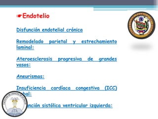 ☛Endotelio

Disfunción endotelial crónica

Remodelado      parietal   y     estrechamiento
laminal:

Ateroesclerosis    progresiva      de   grandes
vasos:

Aneurismas:

Insuficiencia   cardíaca       congestiva   (ICC)
global:

Disfunción sistólica ventricular izquierda:
 