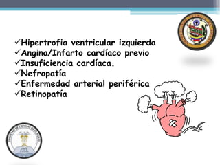 Hipertrofia ventricular izquierda
Angina/Infarto cardíaco previo
Insuficiencia cardíaca.
Nefropatía
Enfermedad arterial periférica
Retinopatía
 