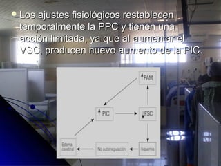  Los ajustes fisiológicos restablecenLos ajustes fisiológicos restablecen
temporalmente la PPC y tienen unatemporalmente la PPC y tienen una
acción limitada, ya que al aumentar elacción limitada, ya que al aumentar el
VSC, producen nuevo aumento de la PIC.VSC, producen nuevo aumento de la PIC.
 
