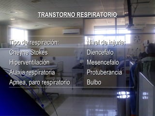 TRANSTORNO RESPIRATORIOTRANSTORNO RESPIRATORIO
Tipo de respiración:Tipo de respiración: Nivel de injuria:Nivel de injuria:
Cheyne StokesCheyne Stokes DiencefaloDiencefalo
HiperventilaciónHiperventilación MesencefaloMesencefalo
Ataxia respiratoriaAtaxia respiratoria ProtuberanciaProtuberancia
Apnea, paro respiratorioApnea, paro respiratorio BulboBulbo
 