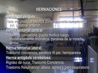 HERNIACIONESHERNIACIONES
Hernia del cíngulo:Hernia del cíngulo:
Rara vez produce efectos clínicos, puede comprimir laRara vez produce efectos clínicos, puede comprimir la
Art. cerebral anterior.Art. cerebral anterior.
Hernia tentorial centralHernia tentorial central::
Trastorno conciencia, pupila miótica luegoTrastorno conciencia, pupila miótica luego
moderadamente midriática, parálisis de la miradamoderadamente midriática, parálisis de la mirada
arriba.arriba.
Hernia tentorial lateral:Hernia tentorial lateral:
Trastorno conciencia, parálisis III par, hemiparesiaTrastorno conciencia, parálisis III par, hemiparesia
Hernia amigdala cerebelosa:Hernia amigdala cerebelosa:
Rigidez de nuca, Trastorno Conciencia,Rigidez de nuca, Trastorno Conciencia,
Trastorno Respiratorio: ataxia, apnea y paro respiratorio.Trastorno Respiratorio: ataxia, apnea y paro respiratorio.
 
