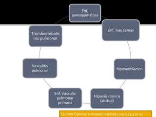Enf,
                       parenquimatosa


                                            Enf, vias aereas
Tromboembolis
 mo pulmonar




Vasculitis
pulmonar                                         hipoventilacion




             Enf. Vascular
              pulmonar              Hipoxia cronica
               primaria                (altitud)


                 Current Opinion in Anaesthesiology 2010,23:411–41
 