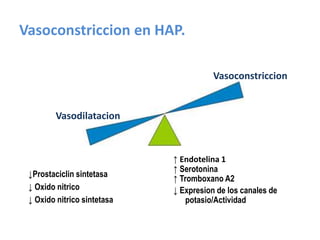 Vasoconstriccion en HAP.
↓Prostaciclin sintetasa
↓ Oxido nitrico
↓ Oxido nitrico sintetasa
Vasoconstriccion
Vasodilatacion
↑ Endotelina 1
↑ Serotonina
↑ Tromboxano A2
↓ Expresion de los canales de
potasio/Actividad
 