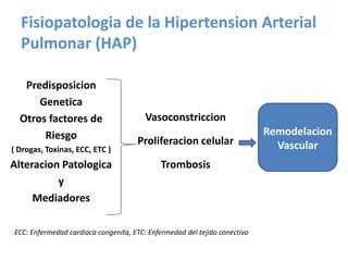 Fisiopatologia de la Hipertension Arterial
Pulmonar (HAP)
ECC: Enfermedad cardiaca congenita, ETC: Enfermedad del tejido conectivo
Vasoconstriccion
Proliferacion celular
Trombosis
Predisposicion
Genetica
Otros factores de
Riesgo
( Drogas, Toxinas, ECC, ETC )
Alteracion Patologica
y
Mediadores
Remodelacion
Vascular
 