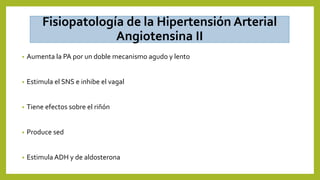 Fisiopatología de la Hipertensión Arterial
Angiotensina II
• Aumenta la PA por un doble mecanismo agudo y lento
• Estimula el SNS e inhibe el vagal
• Tiene efectos sobre el riñón
• Produce sed
• Estimula ADH y de aldosterona
 