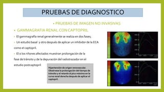 PRUEBAS DE DIAGNOSTICO
• PRUEBAS DE IMAGEN NO INVASIVAS
• GAMMAGRAFIA RENAL CON CAPTOPRIL
• El gammagrafía renal generalmente se realiza en dos fases;
• Un estudio basal y otro después de aplicar un inhibidor de la ECA
como el captopril.
• El o los riñones afectados muestran prolongación de la
fase de tránsito y de la depuración del radiotrazador en el
estudio postcaptopril.
Hipertensión de origen renovascular.
Obsérvese la prolongación del tiempo de
tránsito y el retardo al pico máximo en la
curva renal derecha después de aplicar el
captopril.
 