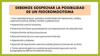 DEBEMOS SOSPECHAR LA POSIBILIDAD
DE UN FEOCROMOCITOMA
• Crisis hiperadrenérgicas: episodios autolimitados de hipertensión, cefalea,
sudoración profusa, palidez, temblor o palpitaciones.
• Hipertensión arterial resistente.
• Síndromes familiares que predisponen a la hipersecreción de catecolaminas.
• Historia familiar de feocromocitomas.
• Descubrimiento de una masa suprarrenal incidental.
• Hipertensión y diabetes.
• Aparición de hipertensión arterial en edades jóvenes (menores de 20 años).
• Tumor estromal gástrico y condromas pulmonares (que junto con los
paragangliomas definen la tríada de Carney).
 
