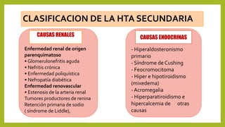 CLASIFICACION DE LA HTA SECUNDARIA
Enfermedad renal de origen
parenquimatoso
• Glomerulonefritis aguda
• Nefritis crónica
• Enfermedad poliquística
• Nefropatía diabética
Enfermedad renovascular
• Estenosis de la arteria renal
Tumores productores de renina
Retención primaria de sodio
( síndrome de Liddle),
- Hiperaldosteronismo
primario
- Síndrome de Cushing
- Feocromocitoma
- Hiper e hipotiroidismo
(mixedema)
- Acromegalia
- Hiperparatiroidismo e
hipercalcemia de otras
causas
CAUSAS RENALES CAUSAS ENDOCRINAS
 