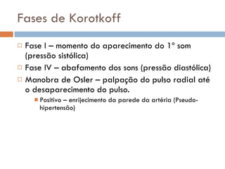 Fases de Korotkoff Fase I – momento do aparecimento do 1º som (pressão sistólica) Fase IV – abafamento dos sons (pressão diastólica) Manobra de Osler – palpação do pulso radial até o desaparecimento do pulso. Positivo – enrijecimento da parede da artéria (Pseudo-hipertensão) 
