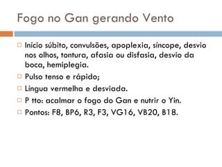Fogo no Gan gerando Vento Início súbito, convulsões, apoplexia, síncope, desvio nos olhos, tontura, afasia ou disfasia, desvio da boca, hemiplegia. Pulso tenso e rápido; Língua vermelha e desviada. P tto: acalmar o fogo do Gan e nutrir o Yin. Pontos: F8, BP6, R3, F3, VG16, VB20, B18. 