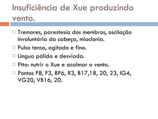 Insuficiência de Xue produzindo vento. Tremores, parestesia dos membros, oscilação involuntária da cabeça, mioclonia. Pulso tenso, agitado e fino. Língua pálida e desviada. Ptto: nutrir o Xue e acalmar o vento. Pontos F8, F3, BP6, R3, B17,18, 20, 23, IG4, VG20, VB16, 20. 