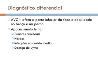 Diagnóstico diferencial AVC – afeta a parte inferior da face e debilidade no braço e na perna. Aparecimento lento:  Tumores cerebrais Herpes Infecções no ouvido médio Doença de Lyme 