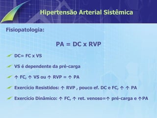 Fisiopatologia: PA = DC x RVP DC= FC x VS VS é dependente da pré-carga    FC,    VS ou    RVP =    PA Exercício Resistidos:    RVP , pouco ef. DC e FC,       PA Exercício Dinâmico:    FC,    ret. venoso=   pré-carga e   PA Hipertensão Arterial Sistêmica 