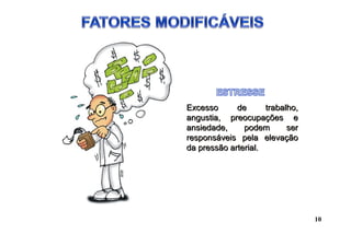 Excesso de trabalho,Excesso de trabalho,
angustia, preocupações eangustia, preocupações e
ansiedade, podem seransiedade, podem ser
responsáveis pela elevaçãoresponsáveis pela elevação
da pressão arterial.da pressão arterial.
10
 