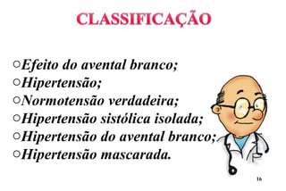 oEfeito do avental branco;
oHipertensão;
oNormotensão verdadeira;
oHipertensão sistólica isolada;
oHipertensão do avental branco;
oHipertensão mascarada.
16
 