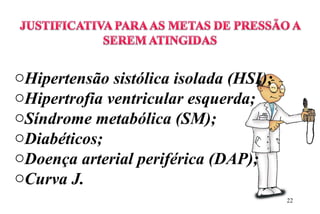 oHipertensão sistólica isolada (HSI);
oHipertrofia ventricular esquerda;
oSíndrome metabólica (SM);
oDiabéticos;
oDoença arterial periférica (DAP);
oCurva J.
22
 