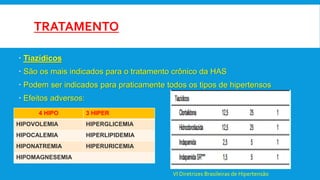 TRATAMENTO
 Tiazídicos
 São os mais indicados para o tratamento crônico da HAS
 Podem ser indicados para praticamente todos os tipos de hipertensos
 Efeitos adversos:
4 HIPO 3 HIPER
HIPOVOLEMIA HIPERGLICEMIA
HIPOCALEMIA HIPERLIPIDEMIA
HIPONATREMIA HIPERURICEMIA
HIPOMAGNESEMIA
VI Diretrizes Brasileiras de Hipertensão
 