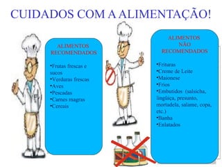CUIDADOS COM A ALIMENTAÇÃO! ALIMENTOS  RECOMENDADOS Frutas frescas e sucos Verduras frescas Aves Pescadas Carnes magras Cereais ALIMENTOS  NÃO RECOMENDADOS Frituras Creme de Leite Maionese Frios Embutidos  (salsicha, lingüiça, presunto, mortadela, salame, copa, etc.) Banha Enlatados 