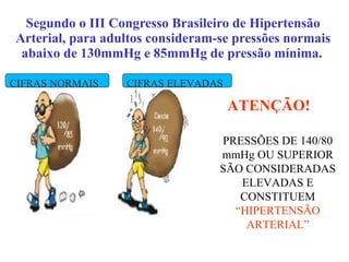 Segundo o III Congresso Brasileiro de Hipertensão Arterial, para adultos consideram-se pressões normais abaixo de 130mmHg e 85mmHg de pressão mínima.   PRESSÕES DE 140/80 mmHg OU SUPERIOR SÃO CONSIDERADAS ELEVADAS E CONSTITUEM  “HIPERTENSÃO ARTERIAL” ATENÇÃO! CIFRAS NORMAIS CIFRAS ELEVADAS 