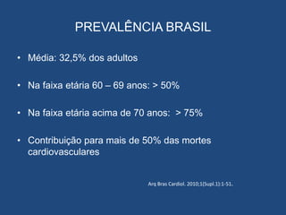 PREVALÊNCIA BRASIL
• Média: 32,5% dos adultos
• Na faixa etária 60 – 69 anos: > 50%
• Na faixa etária acima de 70 anos: > 75%
• Contribuição para mais de 50% das mortes
cardiovasculares
Arq Bras Cardiol. 2010;1(Supl.1):1-51.
 
