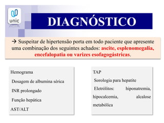 DIAGNÓSTICO
 Suspeitar de hipertensão porta em todo paciente que apresente
uma combinação dos seguintes achados: ascite, esplenomegalia,
encefalopatia ou varizes esofagogástricas.
Hemograma
Dosagem de albumina sérica
INR prolongado
Função hepática
AST/ALT
TAP
Sorologia para hepatite
Eletrólitos: hiponatremia,
hipocalcemia, alcalose
metabólica
 