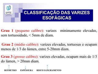 CLASSIFICAÇÃO DAS VARIZES
ESOFÁGICAS
Grau 1 (pequeno calibre): varizes minimamente elevadas,
sem tortuosidade, < 5mm de diam.
Grau 2 (médio calibre): varizes elevadas, tortuosas e ocupam
menos de 1/3 do lúmen, entre 5-20mm diam.
Grau 3 (grosso calibre): varizes elevadas, ocupam mais de 1/3
do lúmen, > 20mm diam.
DIÂMETRO ESPESSURA RISCO SANGRAMENTO
 