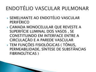    SEMELHANTE AO ENDOTÉLIO VASCULAR
    PERIFÉRICO
   CAMADA MONOCELULAR QUE REVESTE A
    SUPERFÍCIE LUMINAL DOS VASOS , SE
    CONSTITUINDO EM INTERFACE ENTRE A
    CIRCULAÇÃO E A PAREDE VASCULAR
   TEM FUNÇÕES FISIOLÓGICAS ( TÔNUS,
    PERMEABILIDADE, SÍNTESE DE SUBSTÂNCIAS
    FIBRINOLÍTICAS )
 