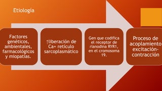 Factores
genéticos,
ambientales,
farmacológicos
y miopatías.
↑liberación de
Ca+ retículo
sarcoplasmático
Gen que codifica
el receptor de
rianodina RYR1,
en el cromosoma
19.
Proceso de
acoplamiento
excitación-
contracción
Etiología
 