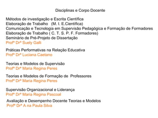 Métodos de investigação e Escrita Científica Elaboração de Trabalho  (M. I. E.Científica) Comunicação e Tecnologia em Supervisão Pedagógica e Formação de Formadores Elaboração de Trabalho ( C. T. S. P. F. Formadores) Seminário de Pré-Projeto de Dissertação Profª Drª Suely Galli Práticas Performativas na Relação Educativa Profª Drª Luciana Caetano Teorias e Modelos de Supervisão Profª Drª Maria Regina Peres Disciplinas e Corpo Docente Teorias e Modelos de Formação de  Professores Profª Drª Maria Regina Peres Supervisão Organizacional e Liderança Profª Drª Maria Regina Pascoal Avaliação e Desempenho Docente Teorias e Modelos Profª Drª A na Paula Silva 