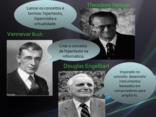 Lancei os conceitos e
                                        Theodore Nelson
        termos: hipertexto,
           hipermídia e
           virtualidade.

Vannevar Bush
                         Criei o conceito
                         de hipertexto na
                           informática.

                           Douglas Engelbart
                                                     Inspirado no
                                                 conceito desenvolvi
                                                    instrumentos
                                                    baseados em
                                                 computadores para
                                                      amplia-lo.
 
