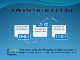 HIPERTEXTO EDUCATIVO El  Hipertexto  debe mirarse como una herramienta de trabajo que genere al lector la necesidad de construir y reconstruir una estructura acorde a la necesidad. 