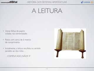 HISTÓRIA DOS SISTEMAS HIPERTEXTUAIS



                                     A LEITURA

•   Várias folhas de papiro
    coladas nas extremidades

•   Rolos com cerca de 6 metros
    de comprimento

•   Inicialmente, a leitura era feita no sentido
    paralelo ao dos rolos…

    …COMPLICADO, NÃO?! :P




                                                   11
 