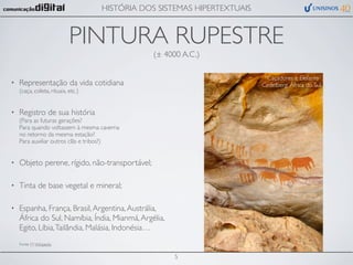 HISTÓRIA DOS SISTEMAS HIPERTEXTUAIS


                            PINTURA RUPESTRE
                                                (± 4000 A.C.)

                                                                           “Caçadores e Elefante”
•   Representação da vida cotidiana                                       Cedelberg, África do Sul
    (caça, coleta, rituais, etc.)


•   Registro de sua história
    (Para as futuras gerações?
    Para quando voltassem à mesma caverna
    no retorno da mesma estação?
    Para auxiliar outros clãs e tribos?)


•   Objeto perene, rígido, não-transportável;

•   Tinta de base vegetal e mineral;

•   Espanha, França, Brasil, Argentina, Austrália,
    África do Sul, Namíbia, Índia, Mianmá, Argélia,
    Egito, Líbia, Tailândia, Malásia, Indonésia…
    Fonte (?): Wikipedia


                                                      5
 