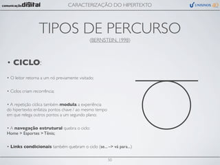 CARACTERIZAÇÃO DO HIPERTEXTO




                  TIPOS DE PERCURSO
                                             (BERNSTEIN, 1998)



• CICLO:
• O leitor retorna a um nó previamente visitado;

• Ciclos criam recorrência;

• A repetição cíclica também modula a experiência
do hipertexto: enfatiza pontos chave / ao mesmo tempo
em que relega outros pontos a um segundo plano;

• A navegação estrutural quebra o ciclo:
Home > Esportes > Tênis;

• Links condicionais também quebram o ciclo (se... –> vá para...)

                                                        50
 