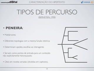 CARACTERIZAÇÃO DO HIPERTEXTO




                  TIPOS DE PERCURSO
                                         (BERNSTEIN, 1998)




• PENEIRA:
• Multiárvores;

• Diferentes topologias com a mesma função retórica;

• Determinam opções, escolhas ao interagente;

• Servem como pontos de entrada para um conteúdo
não explicitamente hierarquizado;

• Úteis em novelas seriadas (divididas em capítulos).


                                                  58
 