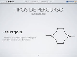 CARACTERIZAÇÃO DO HIPERTEXTO




               TIPOS DE PERCURSO
                                       (BERNSTEIN, 1998)




• SPLIT/JOIN:
• Indispensável quando é o próprio interagente
quem deve alterar o rumo da narrativa.




                                                 60
 